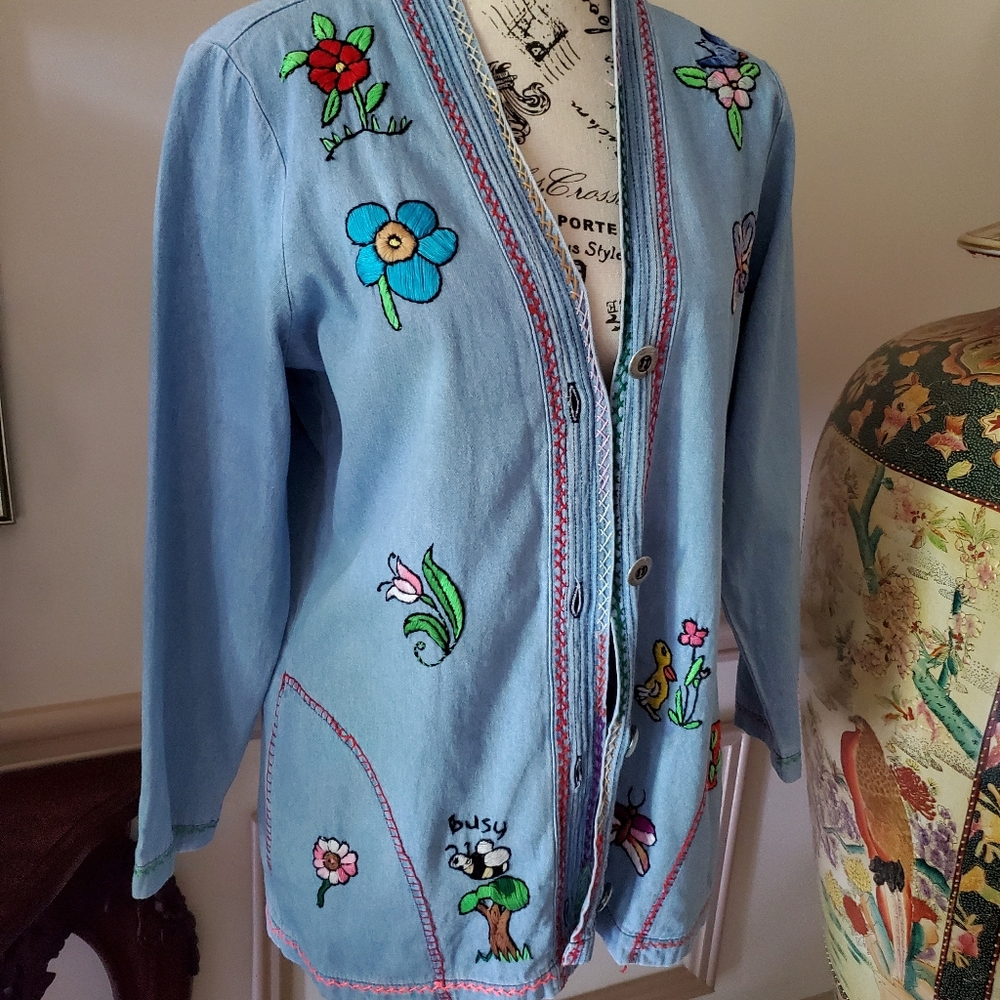 Groovy Vintage Hand Embroidered Lightweight Denim Shacket - Picture 3 of 15